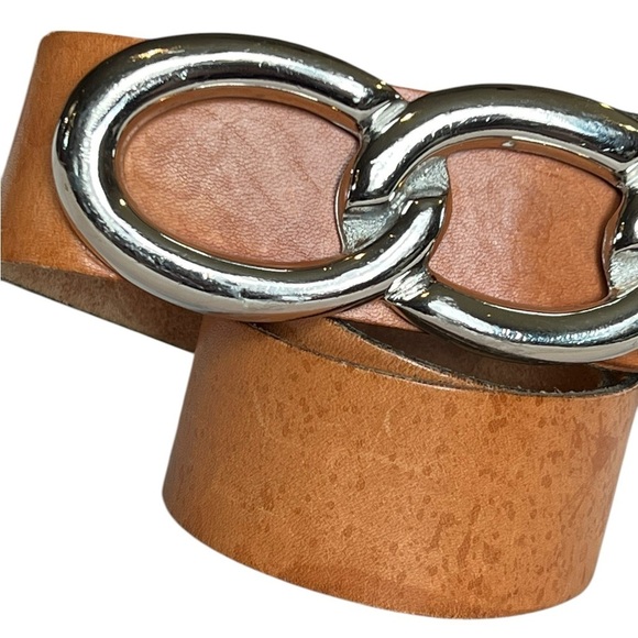 Vintage Tan Brown Silver Chainlink Genuine Leather Statement Belt Retro main image 5